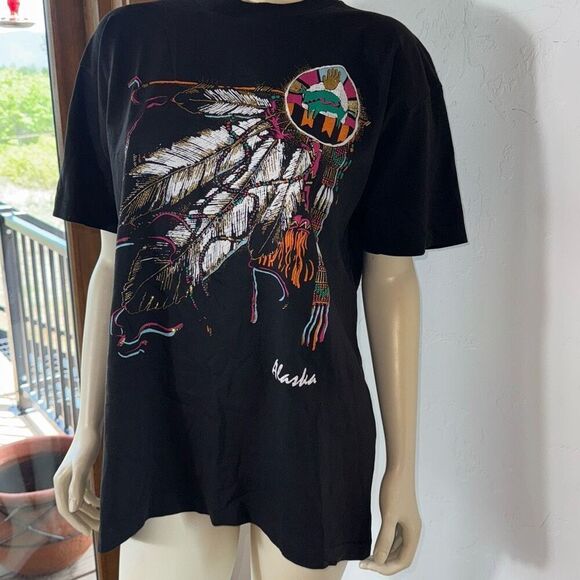 Vintage Black Native American Puffy Embellished Graphic Single Stitch T-Shirt Si - Picture 3 of 16